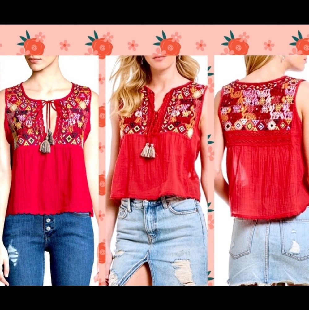 Free People Lohri Red Embroidered Sleeveless Tie Front Blouse XS Hippie Boho